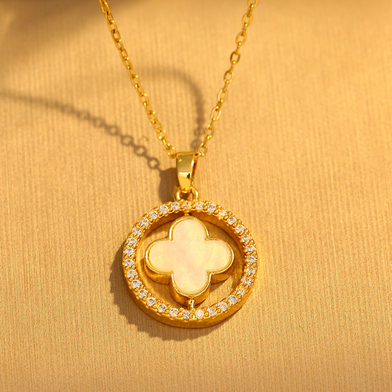 Collar Cadena de Trébol Giratorio Doble Cara Blanco/Negro en Oro 14K