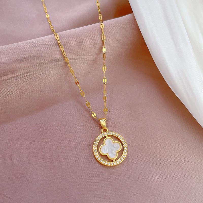 Collar Cadena de Trébol Giratorio Doble Cara Blanco/Negro en Oro 14K