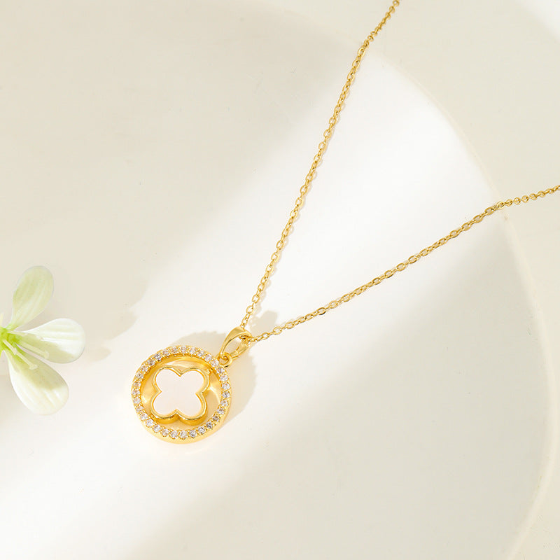 Collar Cadena de Trébol Giratorio Doble Cara Blanco/Negro en Oro 14K