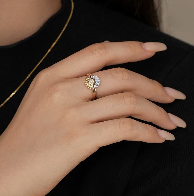 Collar más Anillo Pareja Novios Sol Luna Joya Regalo Acero Dorado