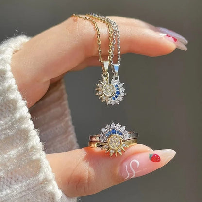 Collar más Anillo Pareja Novios Sol Luna Joya Regalo Acero Dorado