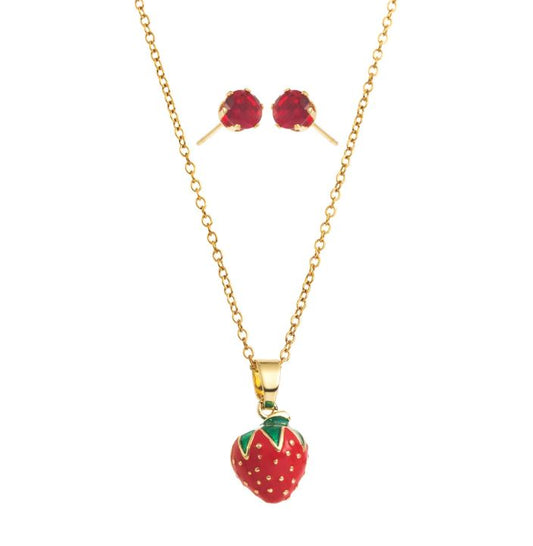 Set de Joyería para Regalo – Collar y Aretes de Fresa en Oro 14K para Mujer o Niña