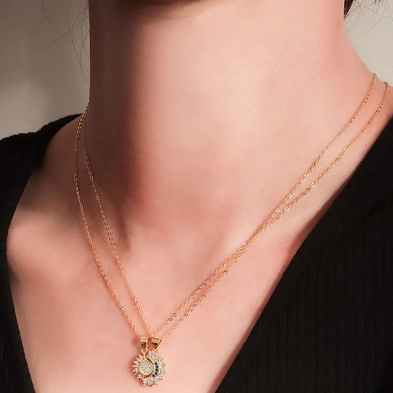 set collar más anillo y pulsera pareja novios sol luna joya regalo acero dorado