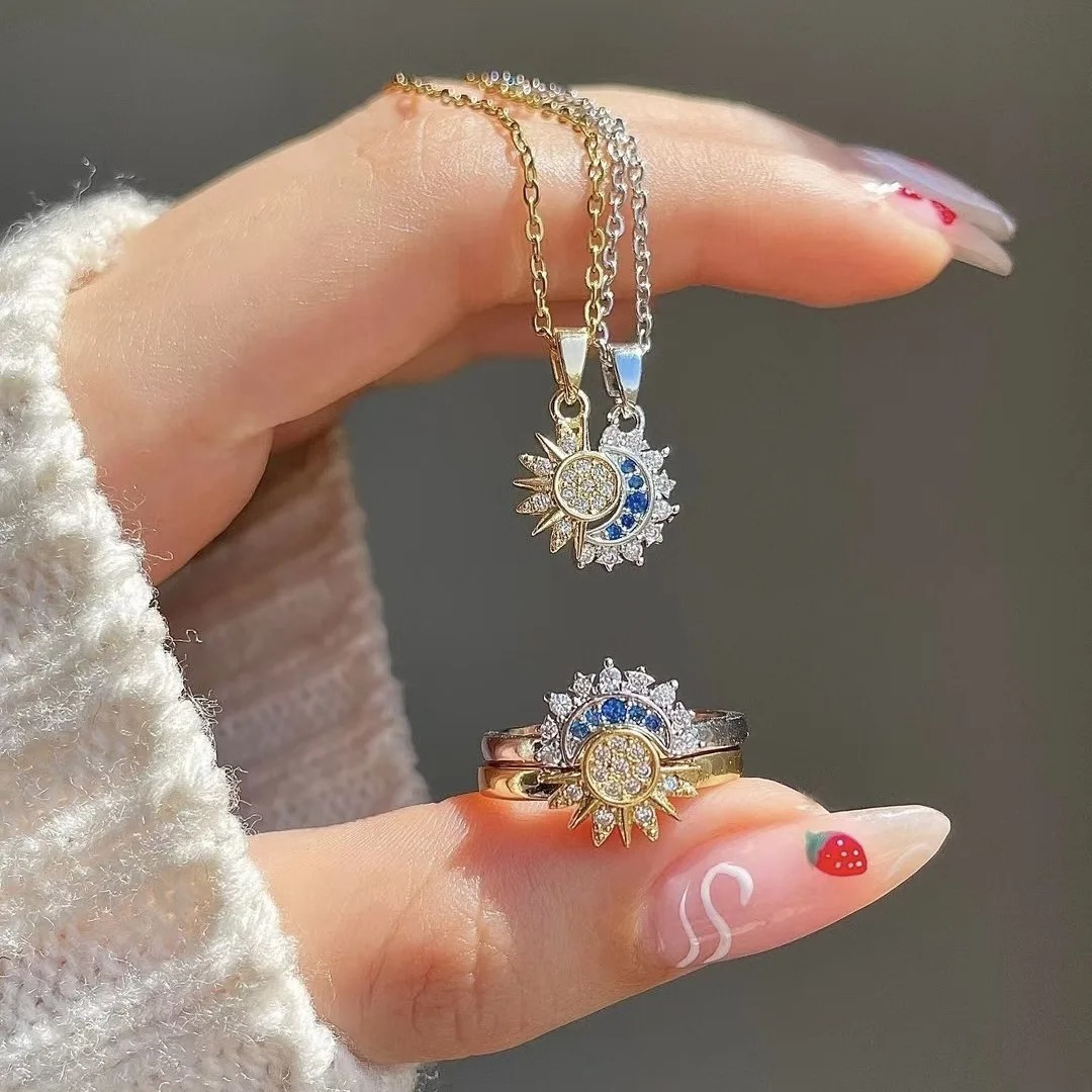 set collar más anillo y pulsera pareja novios sol luna joya regalo acero dorado