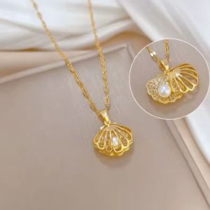collar concha de mar perla oro 14k para ella