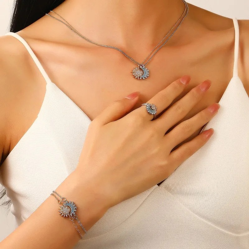 set collar más anillo y pulsera pareja novios sol luna joya regalo acero dorado