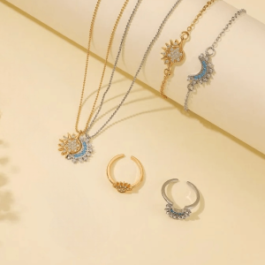 collar más anillo pareja novios sol luna joya regalo acero dorado