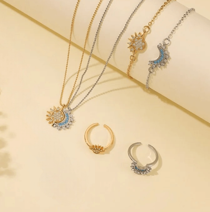 collar más anillo pareja novios sol luna joya regalo acero dorado