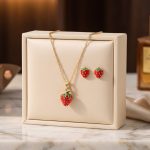 set collar y aretes de fresa en oro 14k joyería exclusiva para mujer
