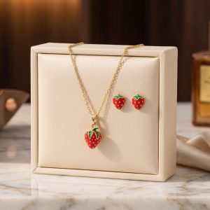set collar y aretes de fresa en oro 14k joyería exclusiva para mujer